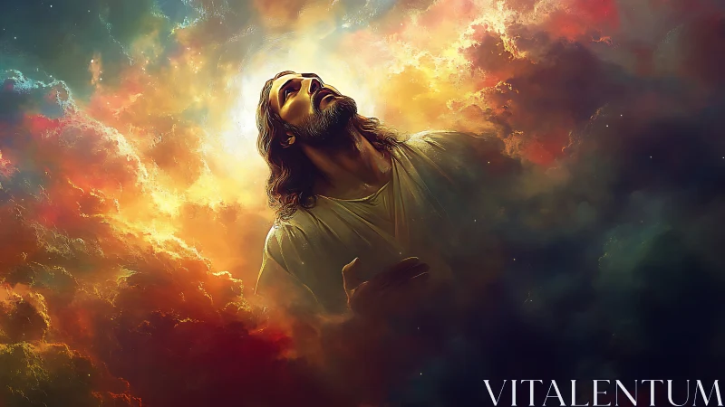 Religious figure rendered in glowing multicolored clouds.