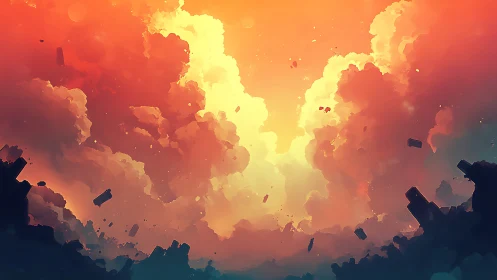 Radiant celestial cloudscape over fragmented silhouettes.