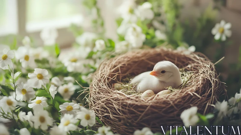 White chick rests in straw nest amid soft spring blooms.