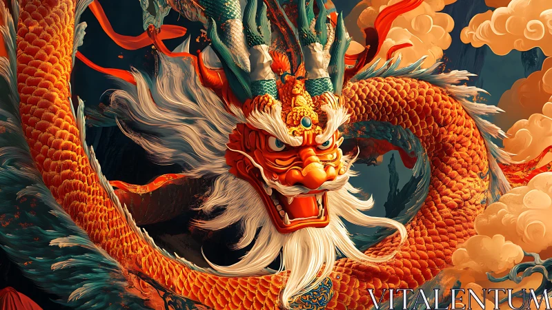 Imperial orange dragon coils through luminous storm clouds.