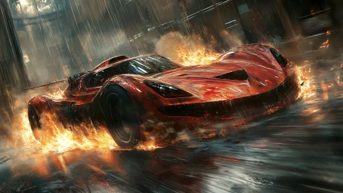 Red hypercar drifting through rain-soaked firestorm streets