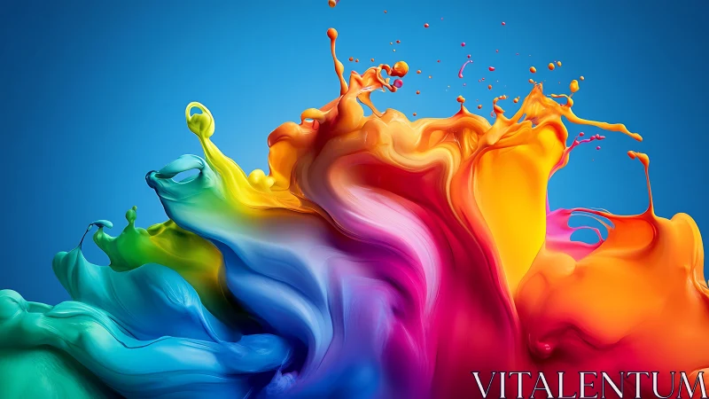 Multicolored liquid splash arcs upward against blue background