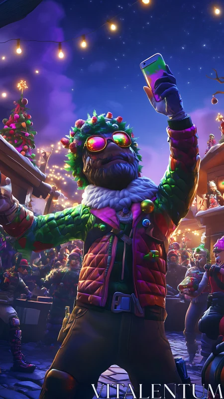 Festive street gamer selfie under neon holiday lights.