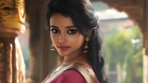 Digital portrait of Indian woman in ornate silk sari.