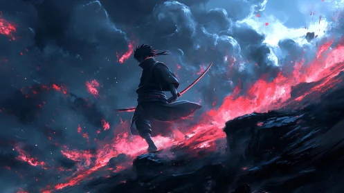 Volcanic katana silhouette in high-contrast atmospheric turmoil.