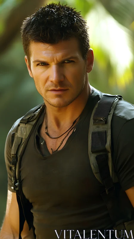 Rugged adventurer stares ahead in sunlit jungle setting.