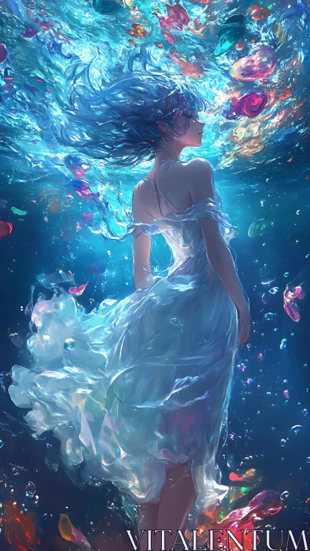 Drifted girl in prismbright sea, wrapped in wandering light.