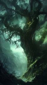 Massive twisted tree form in misted green forest ravine.