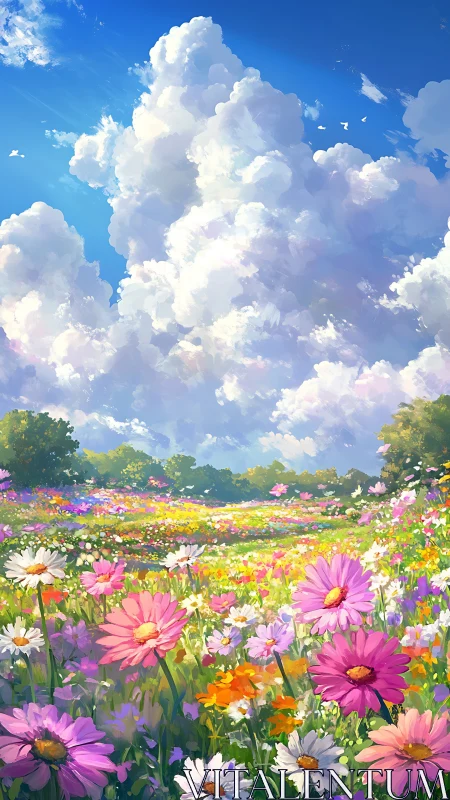 Digital illustration depicts wildflower meadow under cumulus clouds