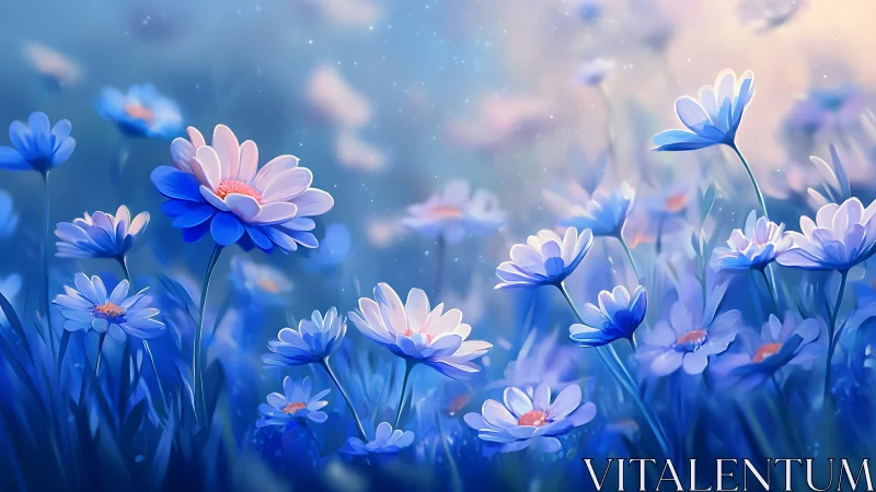 Blue Daisy Flowers Field with Soft Bokeh Background