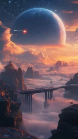 Starry alien sky crowns a luminous bridge above cloud canyons