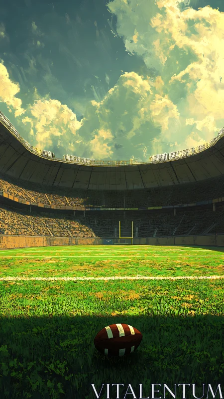 Wide-angle view of empty football stadium with textured turf lighting
