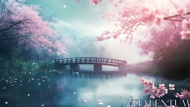 Cherry blossom bridge over tranquil misty river at dawn.