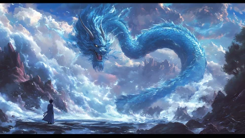 Skyborn blue dragon curls above a lone wanderer’s path