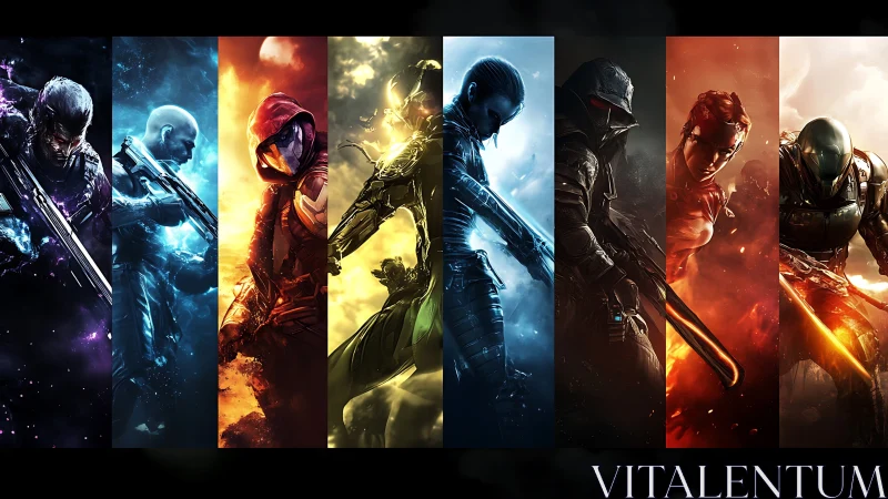 Seven armored sci fi soldiers stand segmented by color bands