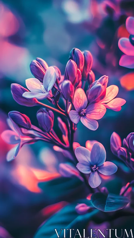 Pink lilac flowers bloom under ethereal neon lighting.