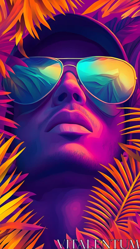 Neon tropical portrait with mirrored gradient sunglasses.