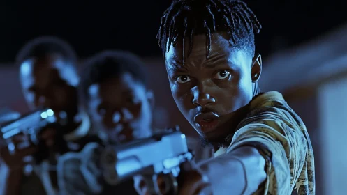 Young men confront camera with guns in tense night scene.