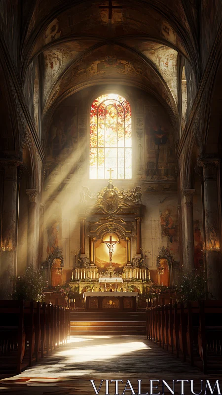 Volumetric light over baroque nave and cruciform altar space.