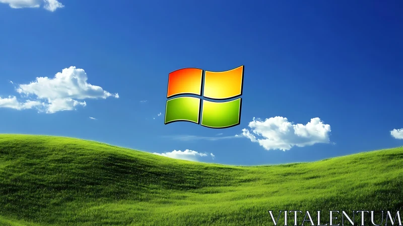 Iconic window emblem floats above sunlit digital hillside