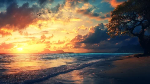 Sunset surf ignites tropical shoreline with molten light.