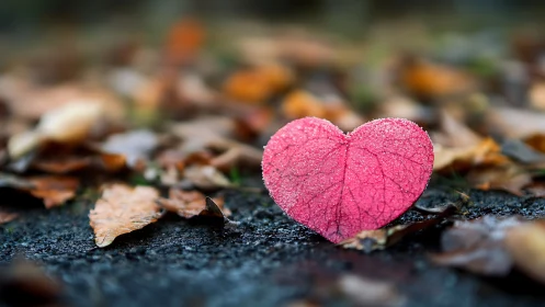 Frosted pink heart leaf resting gently on autumn ground.