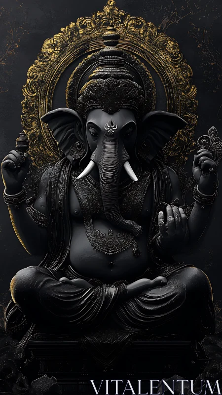 Ornate dark Ganesha idol with luminous golden halo detailing.