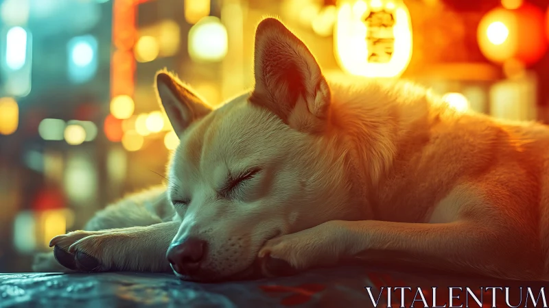 Sleeping dog on city street at night with neon lights.