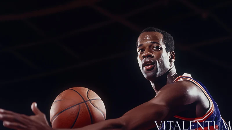Basketball player in mid-dribble under indoor arena lighting.