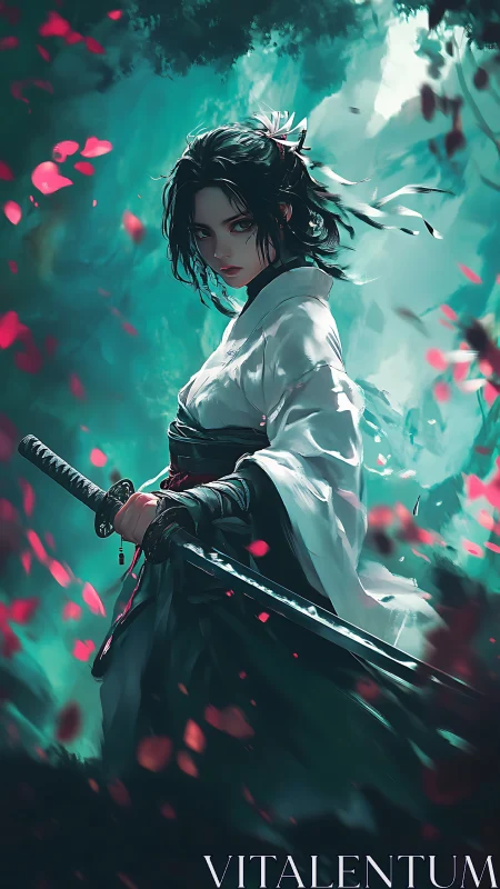 Warrior in white quietly stands ready among falling petals