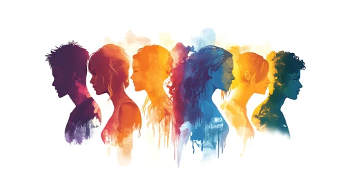 Colorful side-profile silhouettes in watercolor style.