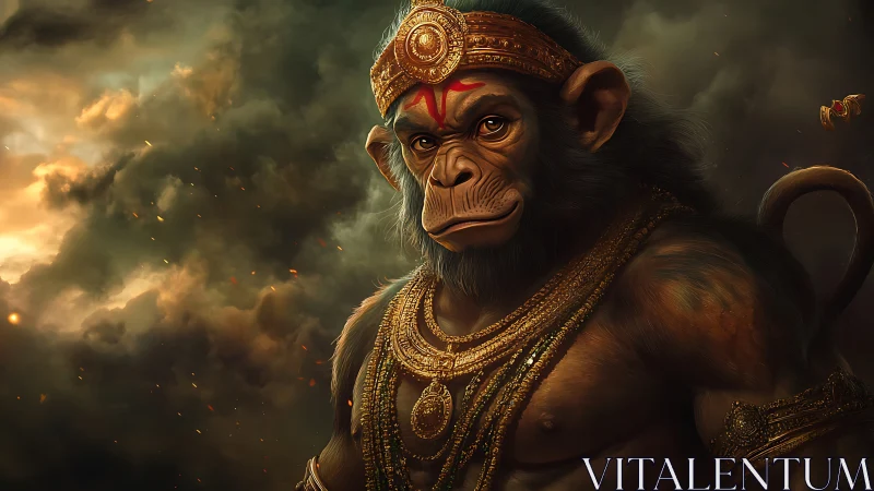 Divine monkey warrior stands amid swirling storm clouds.