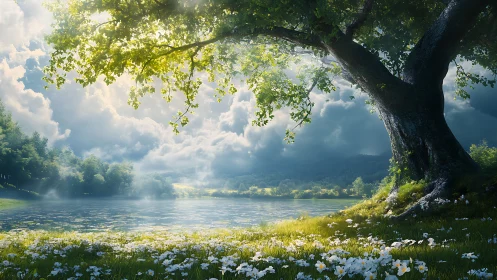 Sunlit lakeside tree arching over serene wildflower meadow.