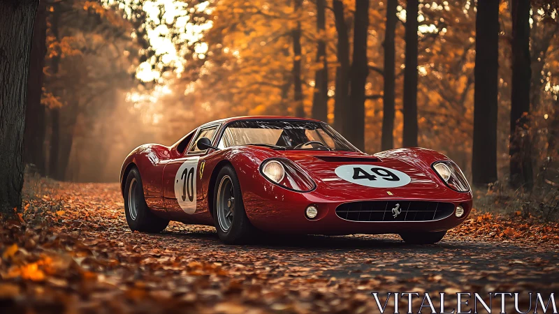 Scarlet vintage racer resting amid a glowing autumn forest road.