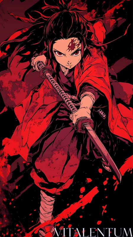 Red-clad anime swordsman with katana in dynamic attack pose.