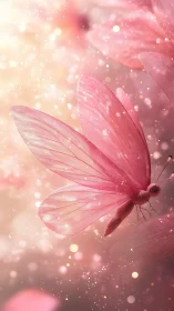 Soft pink butterfly drifting through glowing dreamy light.