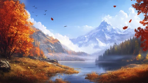 Golden autumn valley embracing a tranquil mountain lake.