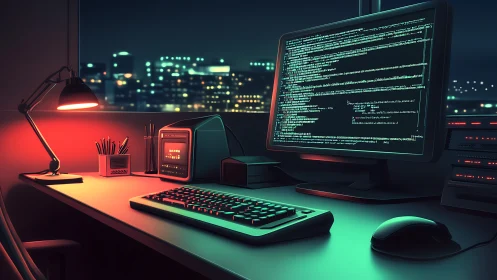 Neon lit coder’s workstation overlooking futuristic cityscape.