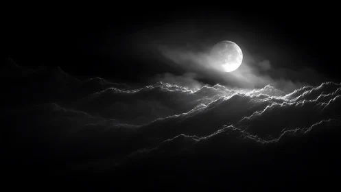Full moon illuminates layered cloud waves in monochrome night