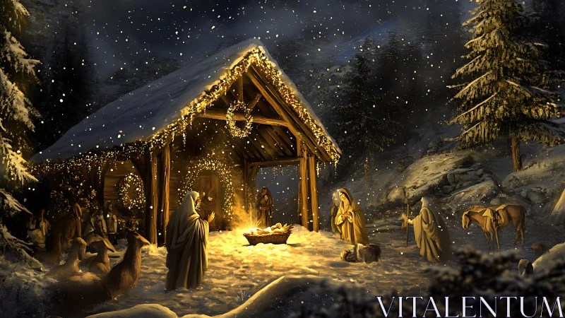 Nighttime nativity scene is illuminated inside snowy shelter