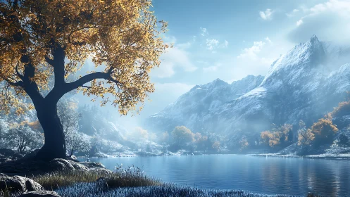 Golden autumn tree by a peaceful misty mountain lake.