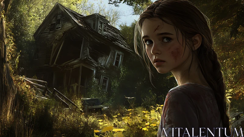 Sunlit ruins watch over a wary girl on the forest edge