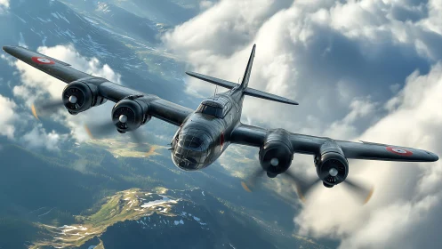 Twin engine military aircraft flying above mountain cloud.