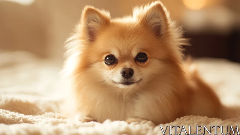 Fluffy Pomeranian rests on soft bed in warm evening light.