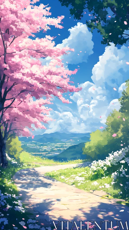 Spring hillside path beneath radiant cherry blossoms.