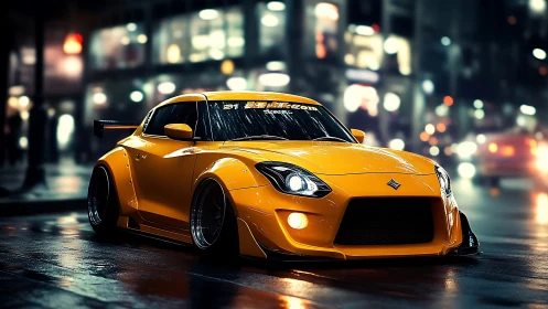 Midnight neon sprint: low-slung yellow street rocket poised.