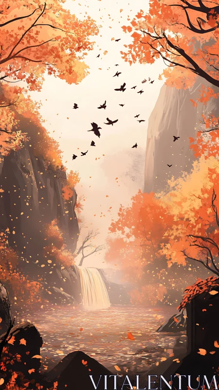 Autumn canyon waterfall framed by luminous orange foliage.