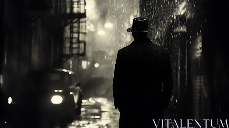 Lone detective walks a rain soaked alley under neon haze