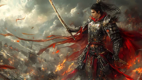 Armored warrior stands over burning battlefield in storm.