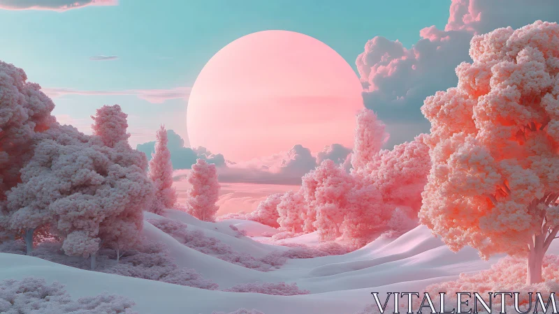 Cotton-candy forest beneath oversized pastel sunscape.